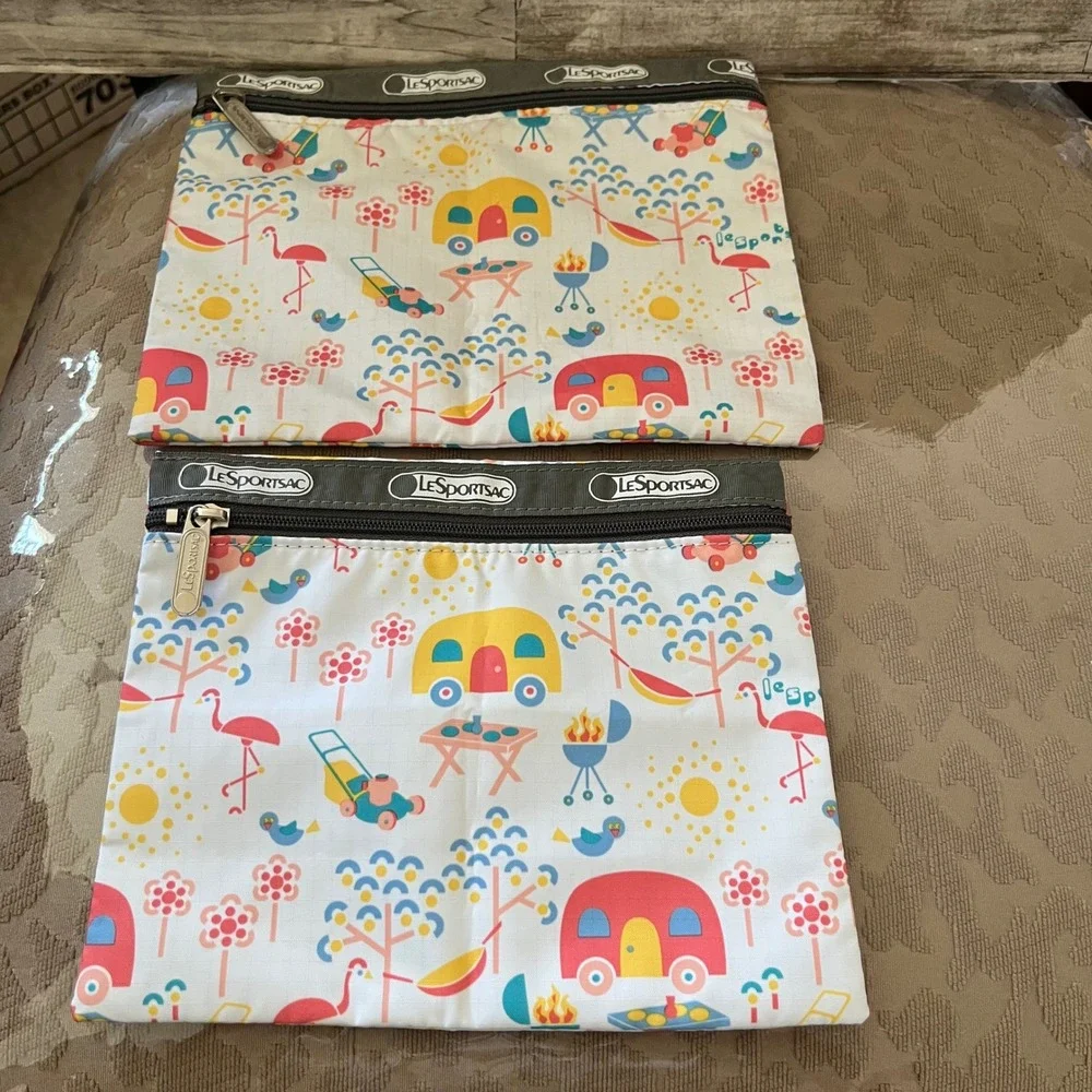 LeSportsac Happy Campers Zippered 2?Pouch Set Flamingo Trailer Print Nylon Bags